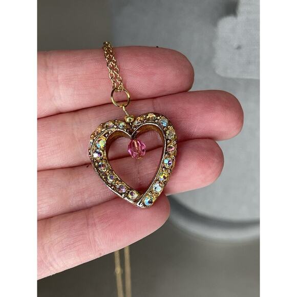 Vintage Heart Pendant Pink Aurora Borealis Rhinestones Double Sided Necklace - Picture 2 of 4